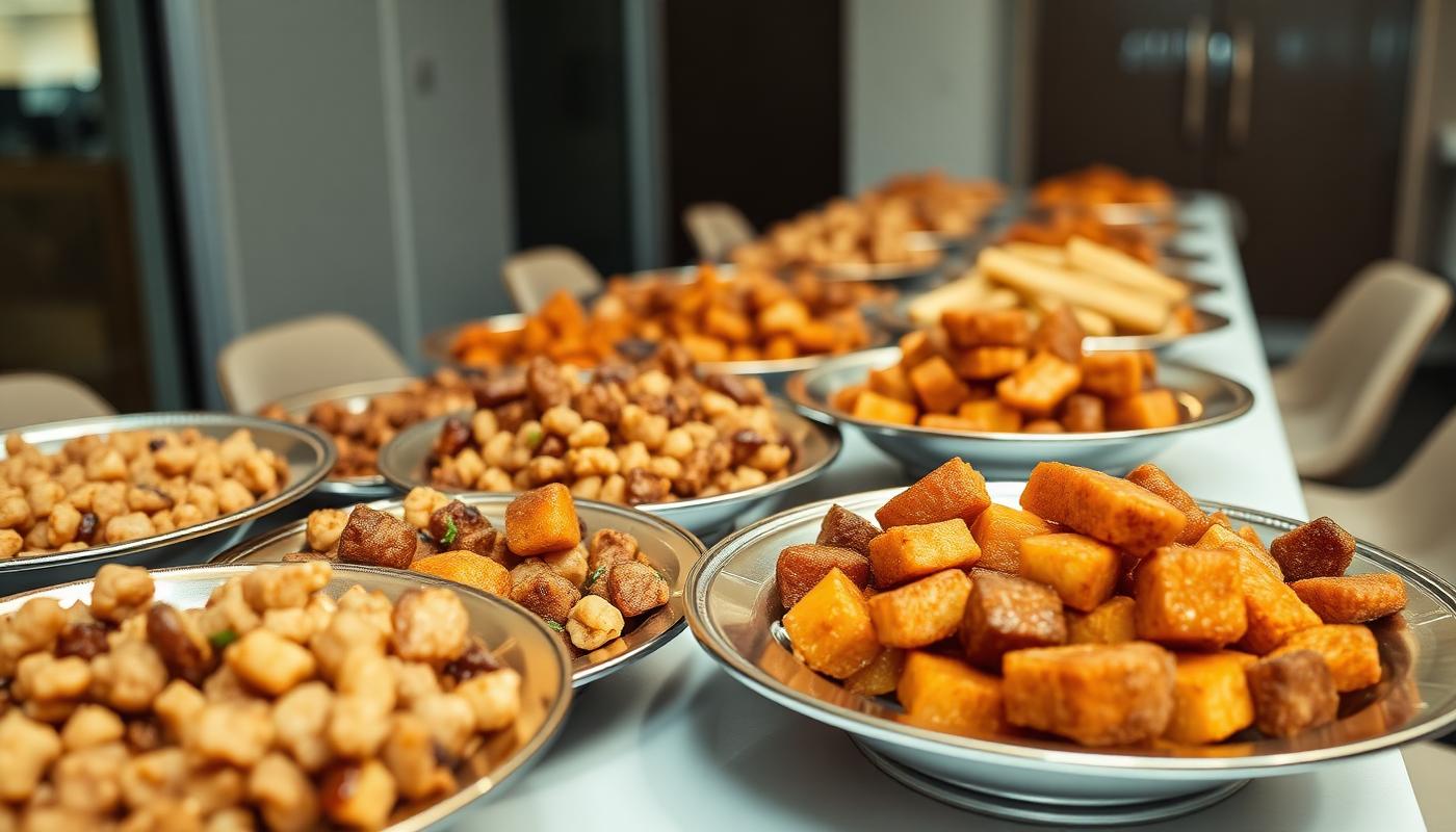 Catering platters of akara, fried yam and small chops laid out for an office event